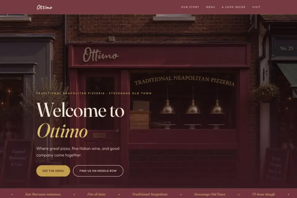 Ottimo Pizzeria website and Middle Row shopfront