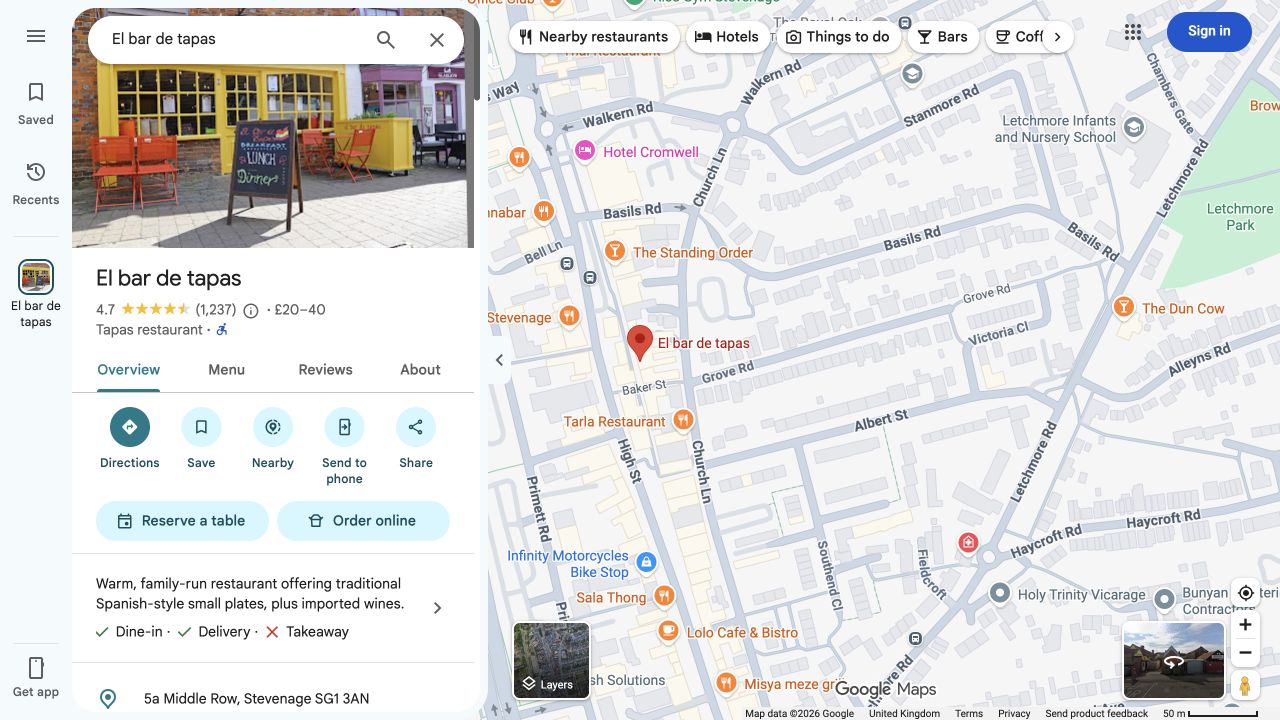 El Bar de Tapas Google Business Profile showing its storefront, reviews and Stevenage location