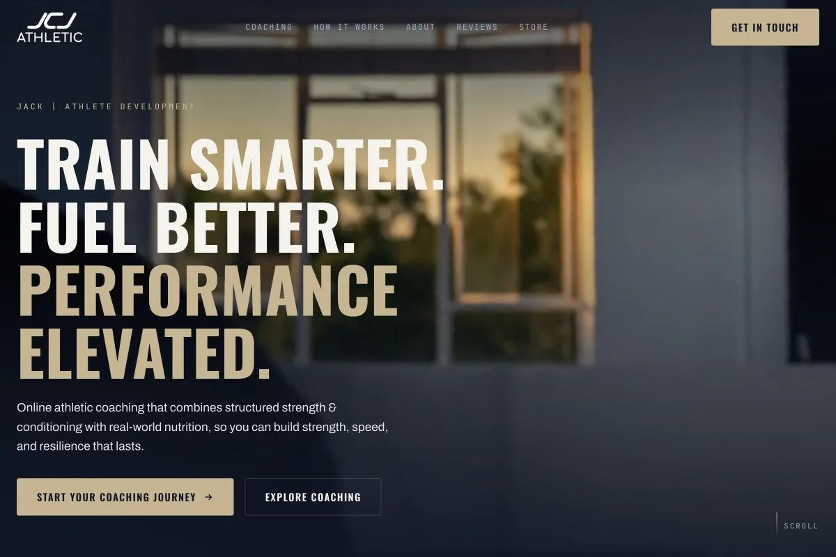JCJ Athletic website showing strength and nutrition coaching